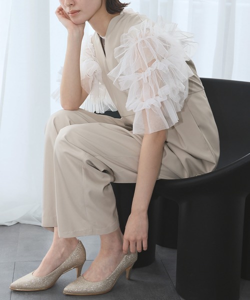 LOWO(ロワ)の「シースルートップス 半袖 チュール フリルスリーブ シアートップス レイヤードトップス 結婚式 パーティー オケージョン お呼ばれ(シャツ/ブラウス・レディース・ホワイト/ブラック/グレー・FREE)」の11枚目の写真
