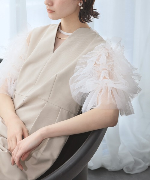 ボリュームスリーブ チュールトップス グレー セール】チュールボリュームスリーブトップス 結婚式 パーティー