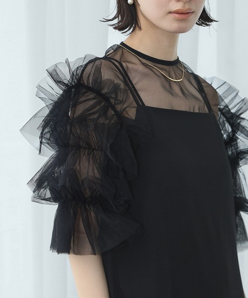 LOWO(ロワ)の「シースルートップス 半袖 チュール フリルスリーブ シアートップス レイヤードトップス 結婚式 パーティー オケージョン お呼ばれ(シャツ/ブラウス・レディース・ホワイト/ブラック/グレー・FREE)」の13枚目の写真