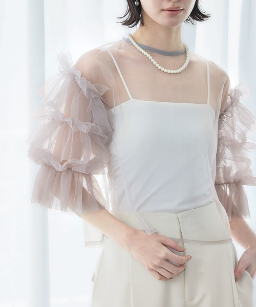 LOWO(ロワ)の「シースルートップス 半袖 チュール フリルスリーブ シアートップス レイヤードトップス 結婚式 パーティー オケージョン お呼ばれ(シャツ/ブラウス・レディース・ホワイト/ブラック/グレー・FREE)」の16枚目の写真