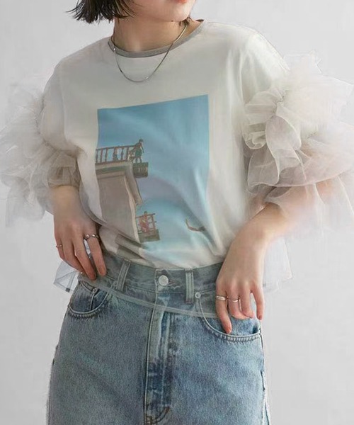 LOWO(ロワ)の「シースルートップス 半袖 チュール フリルスリーブ シアートップス レイヤードトップス 結婚式 パーティー オケージョン お呼ばれ(シャツ/ブラウス・レディース・ホワイト/ブラック/グレー・FREE)」の20枚目の写真