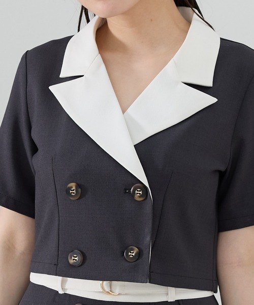 REDYAZEL（レディアゼル）の「【セットアップ可能】バイカラー半袖ショートジャケット（テーラードジャケット・レディース・ブラック/グレー/ピンク・FREE）」の13枚目の写真