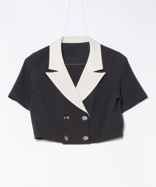 REDYAZEL（レディアゼル）の「【セットアップ可能】バイカラー半袖ショートジャケット（テーラードジャケット・レディース・ブラック/グレー/ピンク・FREE）」の6枚目の写真