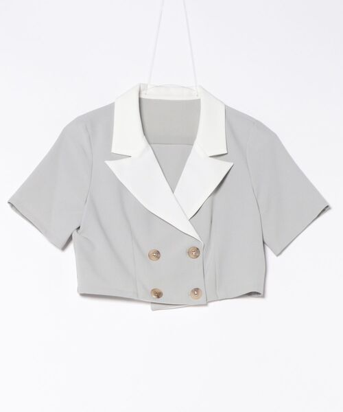 REDYAZEL（レディアゼル）の「【セットアップ可能】バイカラー半袖ショートジャケット（テーラードジャケット・レディース・ブラック/グレー/ピンク・FREE）」の5枚目の写真