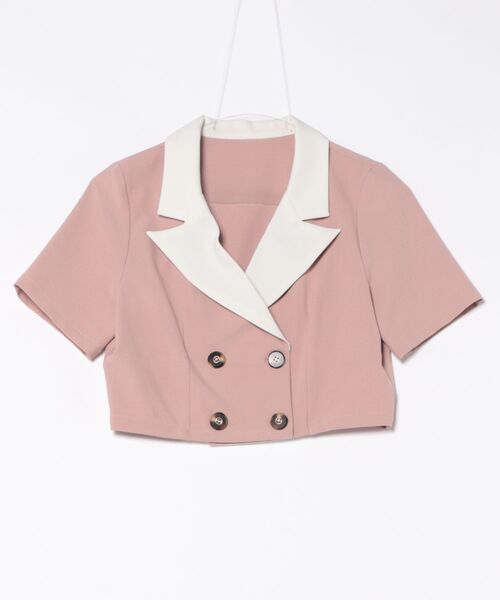 REDYAZEL（レディアゼル）の「【セットアップ可能】バイカラー半袖ショートジャケット（テーラードジャケット・レディース・ブラック/グレー/ピンク・FREE）」の7枚目の写真