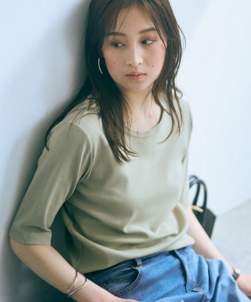 slattgir（スラットジール）の「高身長　５分袖リブTシャツ（トールサイズ）Essenave≪動画あり≫（Tシャツ/カットソー・レディース・ライトカーキ/ブラック/オフホワイト・LL/3L/4L/5L/M/L）」の3枚目の写真