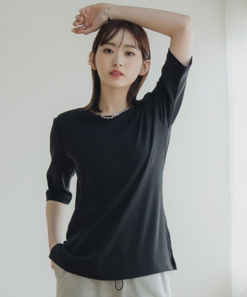 slattgir（スラットジール）の「高身長　５分袖リブTシャツ（トールサイズ）Essenave≪動画あり≫（Tシャツ/カットソー・レディース・ライトカーキ/ブラック/オフホワイト・LL/3L/4L/5L/M/L）」の2枚目の写真