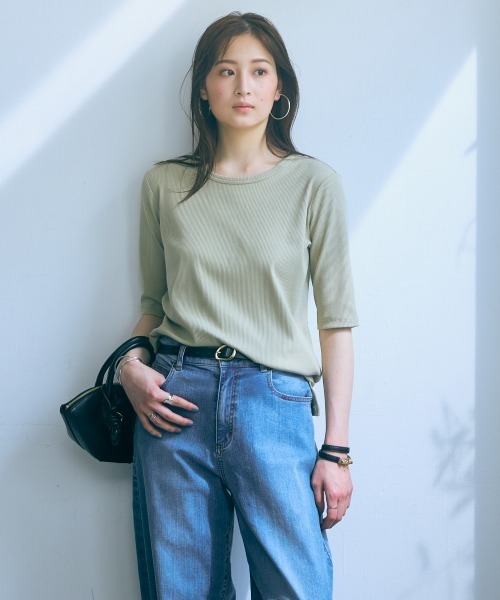 slattgir（スラットジール）の「高身長　５分袖リブTシャツ（トールサイズ）Essenave≪動画あり≫（Tシャツ/カットソー・レディース・ライトカーキ/ブラック/オフホワイト・LL/3L/4L/5L/M/L）」の5枚目の写真