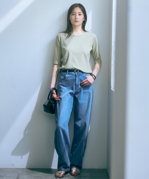 slattgir（スラットジール）の「高身長　５分袖リブTシャツ（トールサイズ）Essenave≪動画あり≫（Tシャツ/カットソー・レディース・ライトカーキ/ブラック/オフホワイト・LL/3L/4L/5L/M/L）」の6枚目の写真