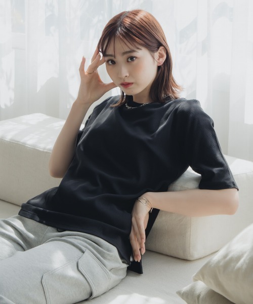 slattgir（スラットジール）の「高身長　５分袖リブTシャツ（トールサイズ）Essenave≪動画あり≫（Tシャツ/カットソー・レディース・ライトカーキ/ブラック/オフホワイト・LL/3L/4L/5L/M/L）」の13枚目の写真