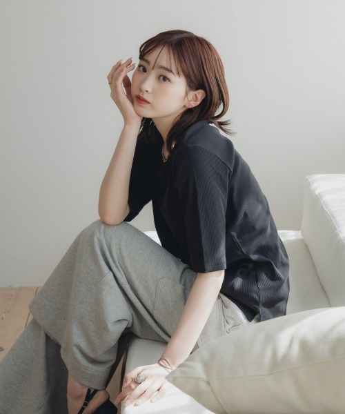 slattgir（スラットジール）の「高身長　５分袖リブTシャツ（トールサイズ）Essenave≪動画あり≫（Tシャツ/カットソー・レディース・ライトカーキ/ブラック/オフホワイト・LL/3L/4L/5L/M/L）」の14枚目の写真