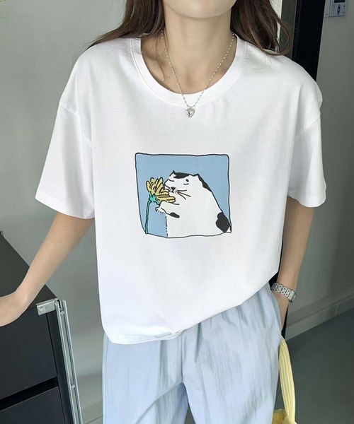 aimoha(アイモハ)の「猫プリントTシャツ(Tシャツ/カットソー・レディース・イエロー/ピンク/ブラック/ホワイト・FREE)」の2枚目の写真