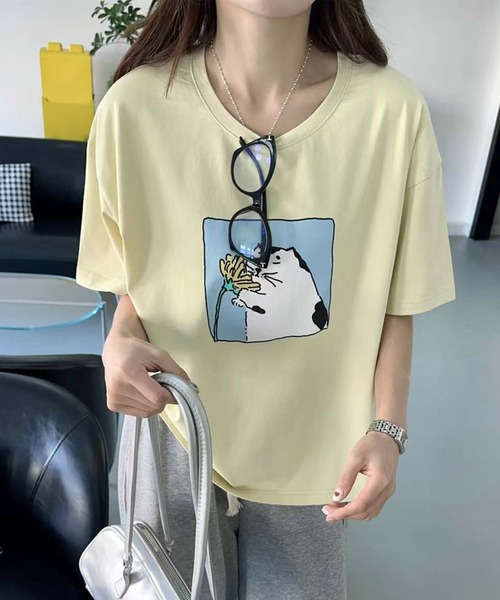 aimoha(アイモハ)の「猫プリントTシャツ(Tシャツ/カットソー・レディース・イエロー/ピンク/ブラック/ホワイト・FREE)」の1枚目の写真