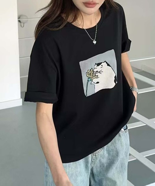 aimoha(アイモハ)の「猫プリントTシャツ(Tシャツ/カットソー・レディース・イエロー/ピンク/ブラック/ホワイト・FREE)」の3枚目の写真