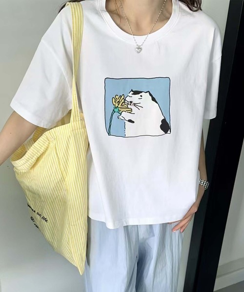 aimoha(アイモハ)の「猫プリントTシャツ(Tシャツ/カットソー・レディース・イエロー/ピンク/ブラック/ホワイト・FREE)」の6枚目の写真