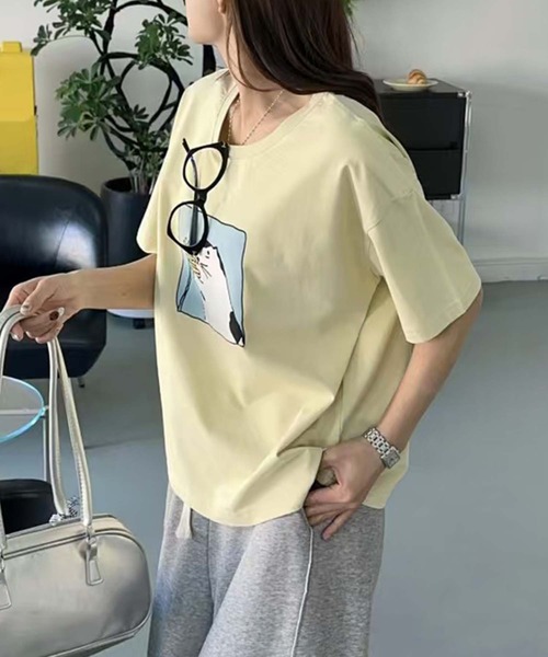 aimoha(アイモハ)の「猫プリントTシャツ(Tシャツ/カットソー・レディース・イエロー/ピンク/ブラック/ホワイト・FREE)」の9枚目の写真
