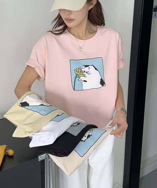 aimoha(アイモハ)の「猫プリントTシャツ(Tシャツ/カットソー・レディース・イエロー/ピンク/ブラック/ホワイト・FREE)」の14枚目の写真