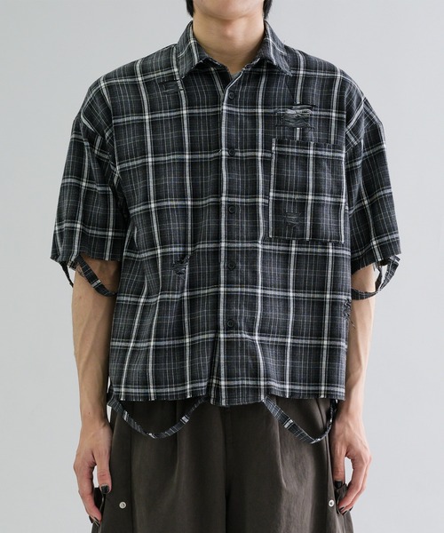 EPNK（イーピーエヌケー）の「【EPNK】Damage half sleeve check shirt / ダメージハーフスリーブチェックシャツ（シャツ/ブラウス・メンズ・ネイビー/ブラック・SMALL/MEDIUM/LARGE）」の4枚目の写真