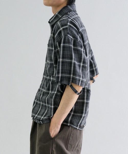 EPNK（イーピーエヌケー）の「【EPNK】Damage half sleeve check shirt / ダメージハーフスリーブチェックシャツ（シャツ/ブラウス・メンズ・ネイビー/ブラック・SMALL/MEDIUM/LARGE）」の6枚目の写真