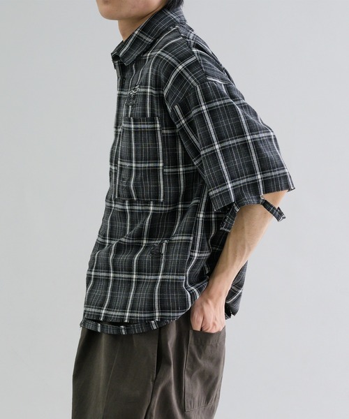 EPNK（イーピーエヌケー）の「【EPNK】Damage half sleeve check shirt / ダメージハーフスリーブチェックシャツ（シャツ/ブラウス・メンズ・ネイビー/ブラック・SMALL/MEDIUM/LARGE）」の7枚目の写真