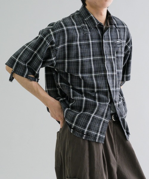 EPNK（イーピーエヌケー）の「【EPNK】Damage half sleeve check shirt / ダメージハーフスリーブチェックシャツ（シャツ/ブラウス・メンズ・ネイビー/ブラック・SMALL/MEDIUM/LARGE）」の5枚目の写真