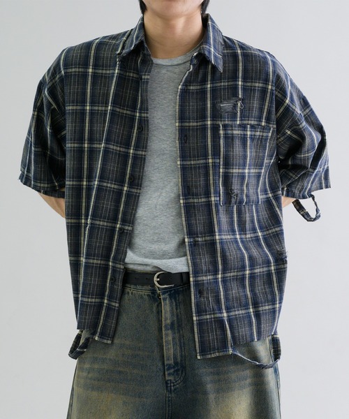 EPNK（イーピーエヌケー）の「【EPNK】Damage half sleeve check shirt / ダメージハーフスリーブチェックシャツ（シャツ/ブラウス・メンズ・ネイビー/ブラック・SMALL/MEDIUM/LARGE）」の20枚目の写真