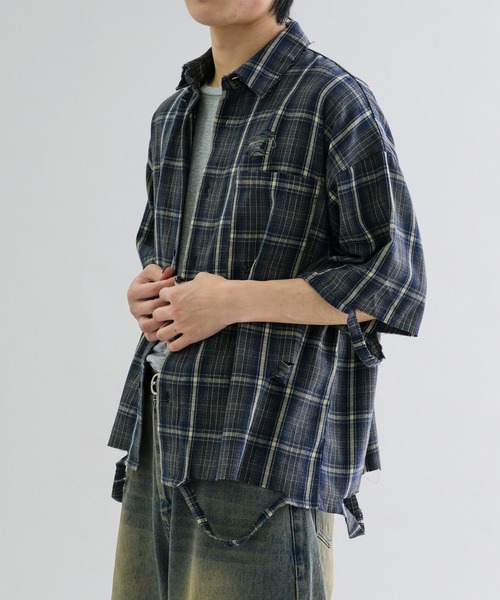 EPNK（イーピーエヌケー）の「【EPNK】Damage half sleeve check shirt / ダメージハーフスリーブチェックシャツ（シャツ/ブラウス・メンズ・ネイビー/ブラック・SMALL/MEDIUM/LARGE）」の22枚目の写真