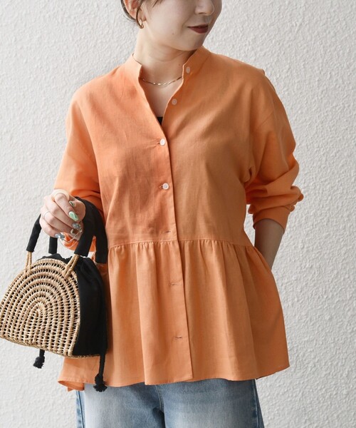SHIPS for women / シップスウィメン SHIPS any:〈洗濯機可能〉リネン ミックス リボン ペプラム バンドカラー シャツ 2 セール】SHIPS any:〈洗濯機可能〉リネン ミックス リボン