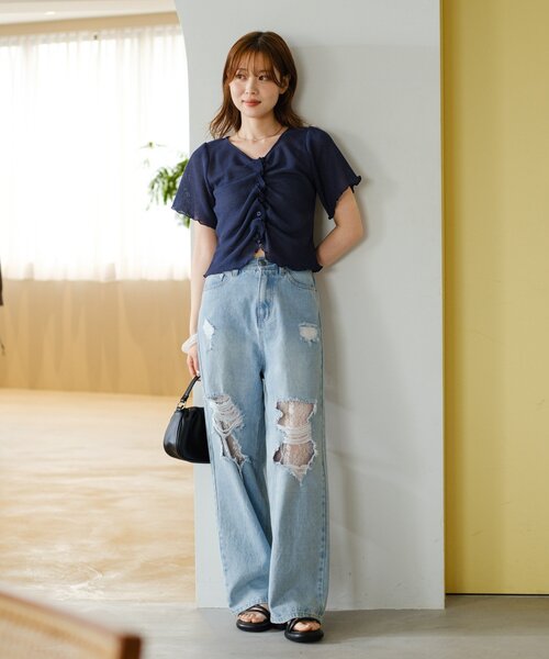 Kastane（カスタネ）の「*【4色展開/2WAY】フロントシャーリング半袖TEE（Tシャツ/カットソー・レディース・ネイビー/サックスブルー/ライム/アイボリー・FREE）」の13枚目の写真