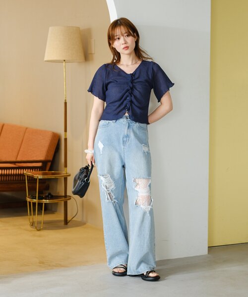 Kastane（カスタネ）の「*【4色展開/2WAY】フロントシャーリング半袖TEE（Tシャツ/カットソー・レディース・ネイビー/サックスブルー/ライム/アイボリー・FREE）」の14枚目の写真