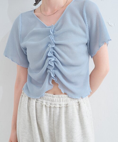 Kastane（カスタネ）の「*【4色展開/2WAY】フロントシャーリング半袖TEE（Tシャツ/カットソー・レディース・ネイビー/サックスブルー/ライム/アイボリー・FREE）」の17枚目の写真