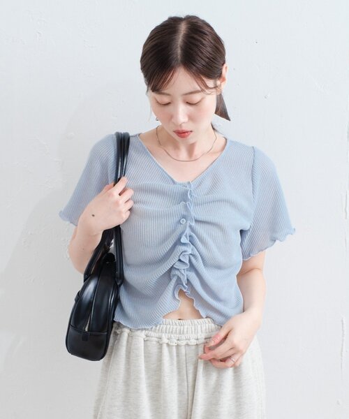 Kastane（カスタネ）の「*【4色展開/2WAY】フロントシャーリング半袖TEE（Tシャツ/カットソー・レディース・ネイビー/サックスブルー/ライム/アイボリー・FREE）」の18枚目の写真