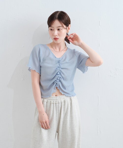 Kastane（カスタネ）の「*【4色展開/2WAY】フロントシャーリング半袖TEE（Tシャツ/カットソー・レディース・ネイビー/サックスブルー/ライム/アイボリー・FREE）」の19枚目の写真