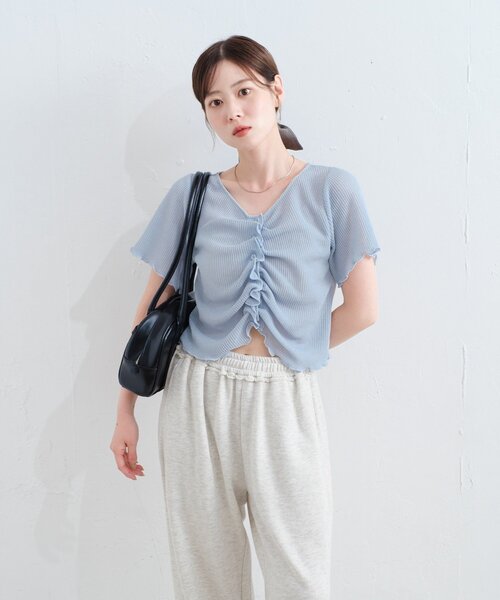 Kastane（カスタネ）の「*【4色展開/2WAY】フロントシャーリング半袖TEE（Tシャツ/カットソー・レディース・ネイビー/サックスブルー/ライム/アイボリー・FREE）」の20枚目の写真