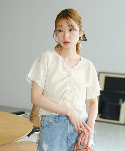 セール】【4色展開/2WAY】フロントシャーリング半袖TEE（Tシャツ