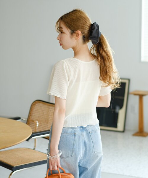 Kastane（カスタネ）の「*【4色展開/2WAY】フロントシャーリング半袖TEE（Tシャツ/カットソー・レディース・ネイビー/サックスブルー/ライム/アイボリー・FREE）」の6枚目の写真