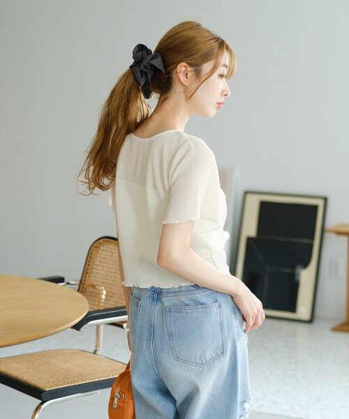 Kastane（カスタネ）の「*【4色展開/2WAY】フロントシャーリング半袖TEE（Tシャツ/カットソー・レディース・ネイビー/サックスブルー/ライム/アイボリー・FREE）」の7枚目の写真