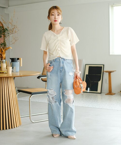 Kastane（カスタネ）の「*【4色展開/2WAY】フロントシャーリング半袖TEE（Tシャツ/カットソー・レディース・ネイビー/サックスブルー/ライム/アイボリー・FREE）」の8枚目の写真