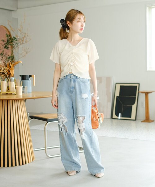 Kastane（カスタネ）の「*【4色展開/2WAY】フロントシャーリング半袖TEE（Tシャツ/カットソー・レディース・ネイビー/サックスブルー/ライム/アイボリー・FREE）」の9枚目の写真