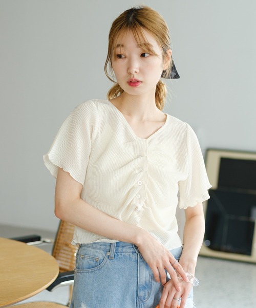 Kastane（カスタネ）の「*【4色展開/2WAY】フロントシャーリング半袖TEE（Tシャツ/カットソー・レディース・ネイビー/サックスブルー/ライム/アイボリー・FREE）」の2枚目の写真