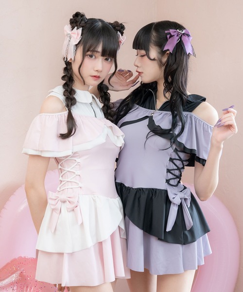 DEARMYLOVE サイドレースアップリボン水着 ブラックピンク