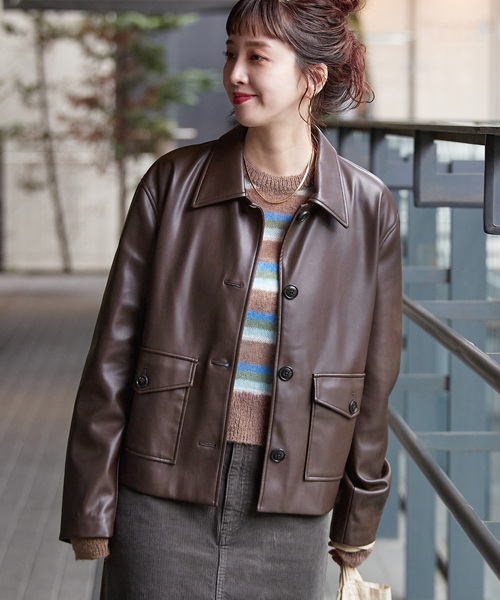 セール】フェイクレザーボクシーカバーオール（カバーオール）｜B.C