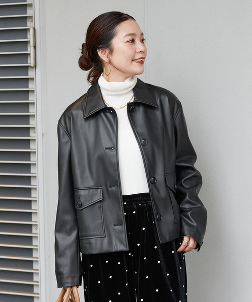 セール】フェイクレザーボクシーカバーオール（カバーオール）｜B.C