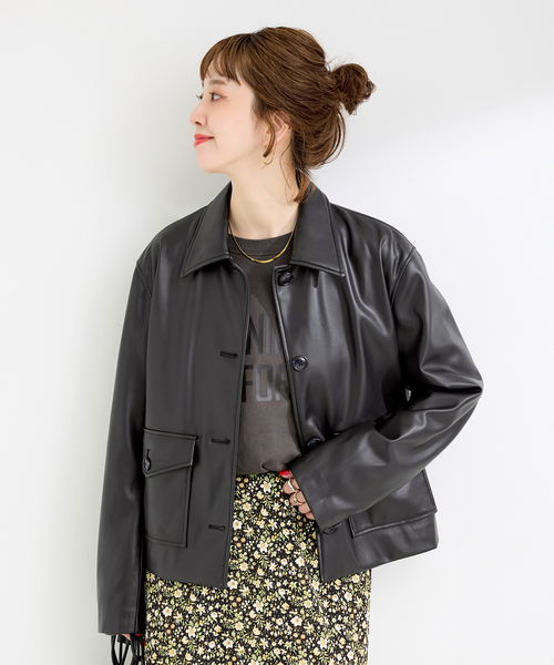 セール】フェイクレザーボクシーカバーオール（カバーオール）｜B.C