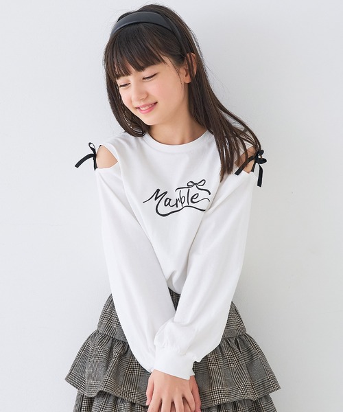 coca(coca)(コカ)の「キッズ 肩あきリボン長袖Tシャツ(Tシャツ/カットソー・キッズ・ホワイト/ライトグリーン・150/140/130/120)」の2枚目の写真