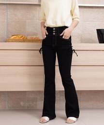 【極美品】nemne store バックリボンサイドカットワイドデニム ブラック バックリボンサイドカットワイドデニム（デニムパンツ）｜nemne