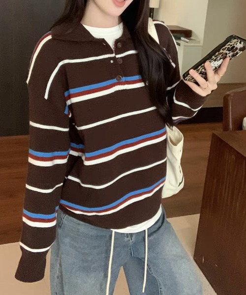 HALEY PESCA(ヘーリーペスカ)の「HALEY PESCA/マルチボーダーポロニット(ニット/セーター・レディース・ブルー/イエロー・FREE)」の4枚目の写真