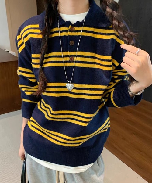 HALEY PESCA(ヘーリーペスカ)の「HALEY PESCA/マルチボーダーポロニット(ニット/セーター・レディース・ブルー/イエロー・FREE)」の14枚目の写真