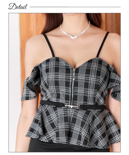チェック柄ペプラムドレス グレー ブラック セール】チェック柄オフショルファスナーペプラムタイトミニドレス