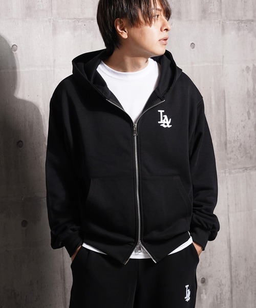 セール】【STAYGOLD】 LA ロゴ刺繍 ショート丈 ダブルジップパーカー